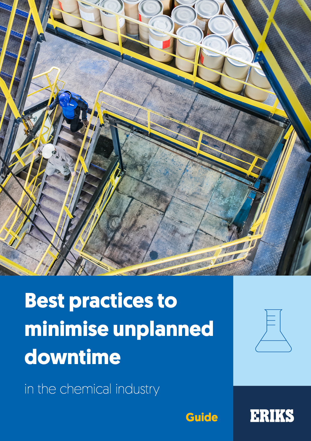 Maintenance manager and ERIKS employee walk down a staircase in a chemical plant